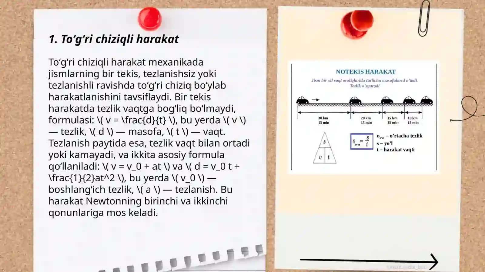 Toʻgʻri chiziqli tekis va notekis harakatlar uchun, harakat tezlik tezlanish grafiklari 3