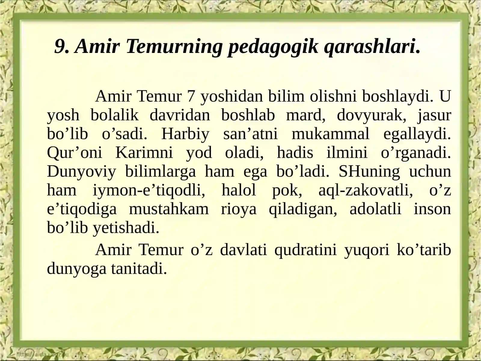 Amir Temurning pedagogik qarashlari 3
