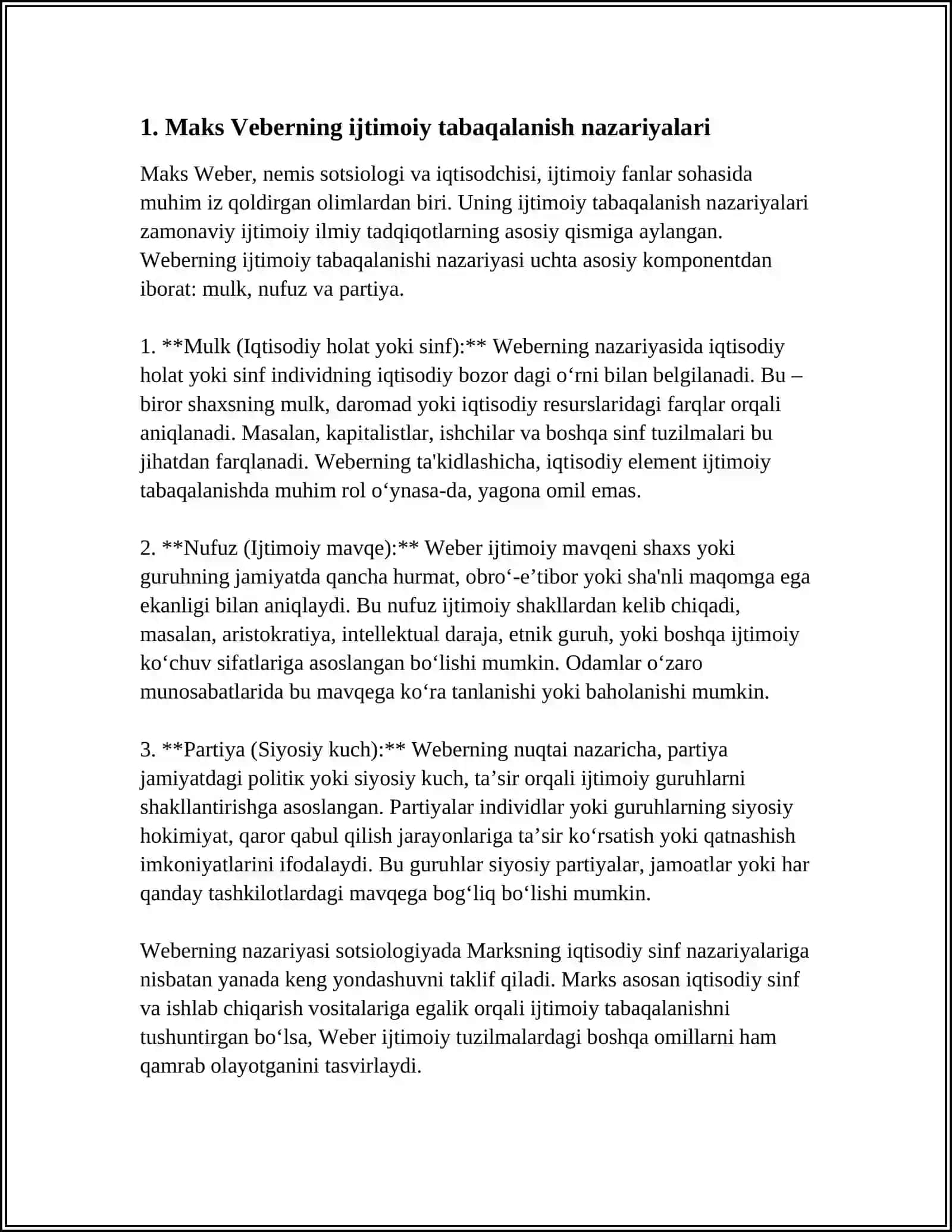 M.VEBER, P.SOROKIN, P.BURDYENING IJTIMOIY VA SIYOSIY TABAQALANISH NAZARIYALARI 3