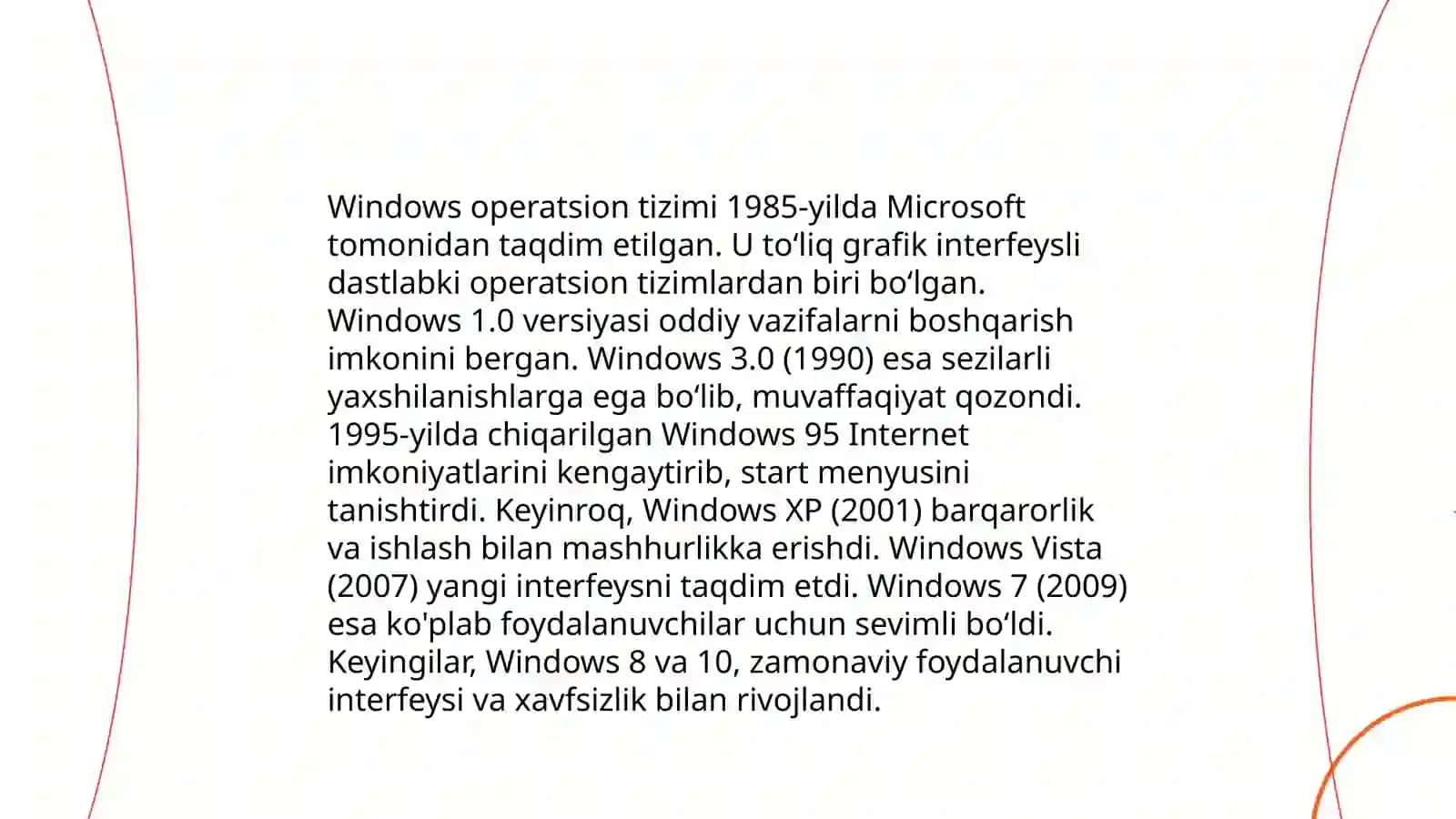 Windows operatsion tizimini tarixi va unda ishlash asoslari. Papka va yangiliklar yaratish.sozlash ishlarini amalga oshirish Maʼlumot disklar va fleshkaga koʻchrish usullarni axborot larni arxivlash 3