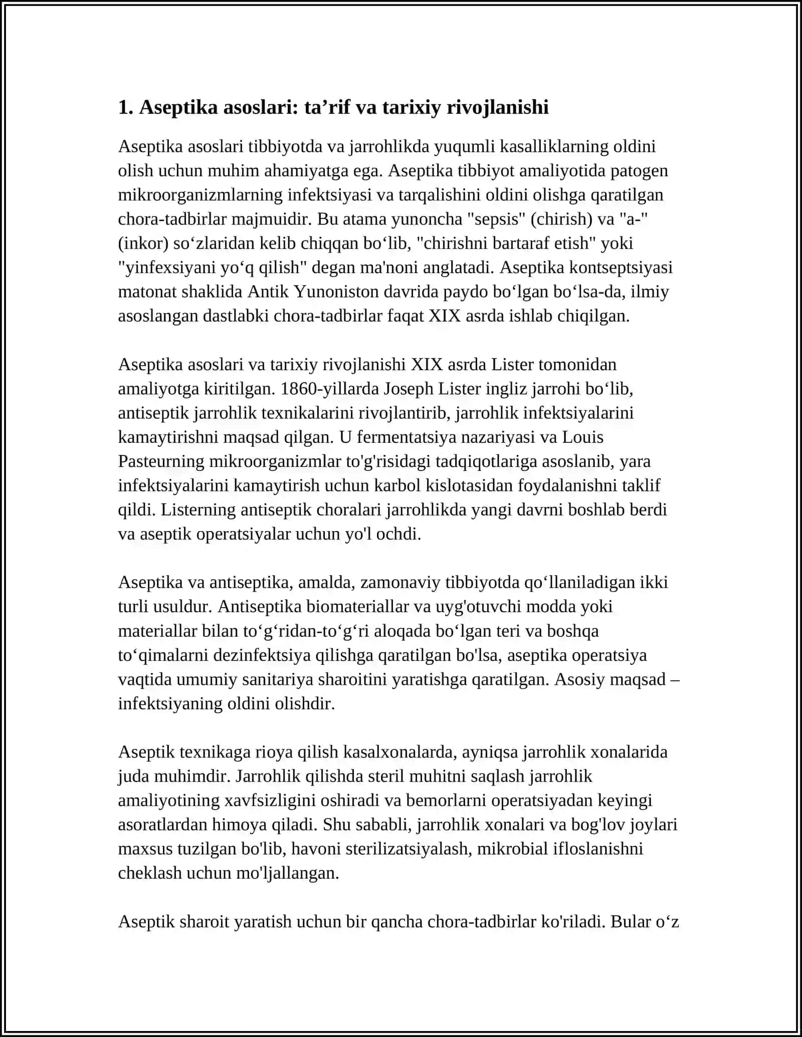 ASEPTIKA ASOSLARI. BOGʻLOV VA OPERATSIYA XONALARINING TUZILISHI 3