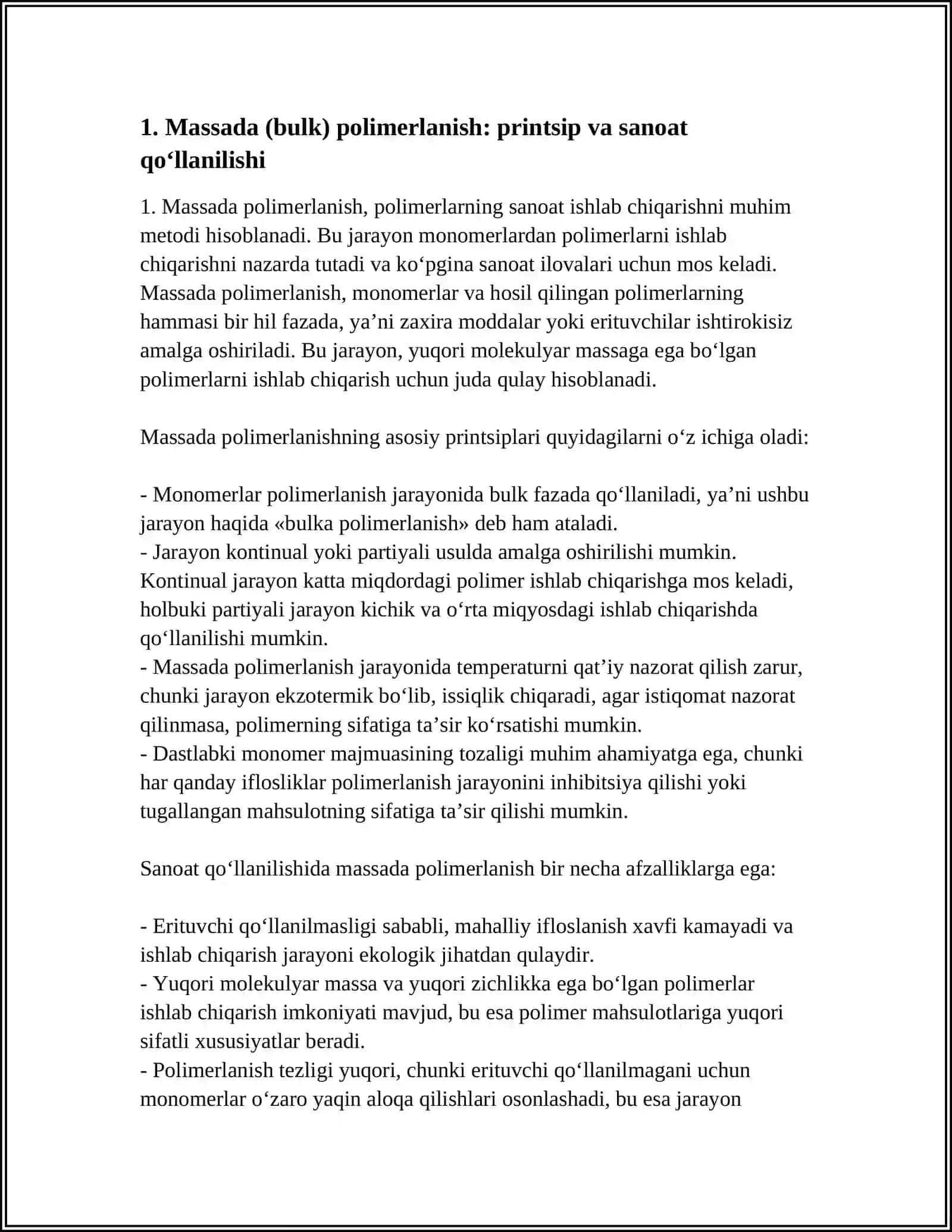 POLIMERLARNI SANOATDA OLISH USULLARI: POLIMERLANISH MASSADA, ERITMADA, SUSPENZIYADA VA EMULSIYADA 3