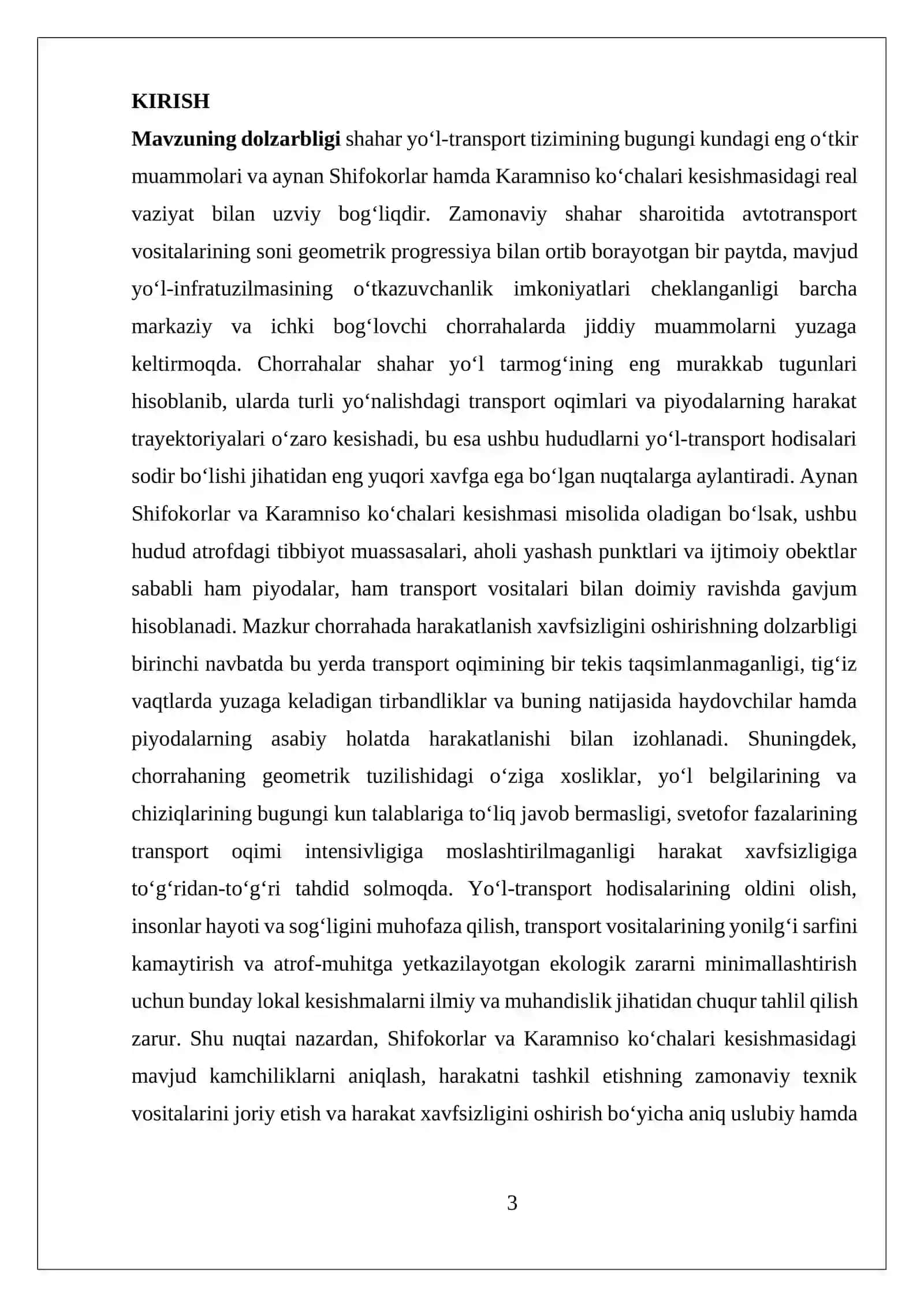 CHORRAHADA HARAKAT XAVFSIZLIGINI OSHIRISH YO‘LLARI (SHIFOKOR-KARAMNISO KO‘CHALARI KESISHMASI MISOLIDA) Diplom ishi 3
