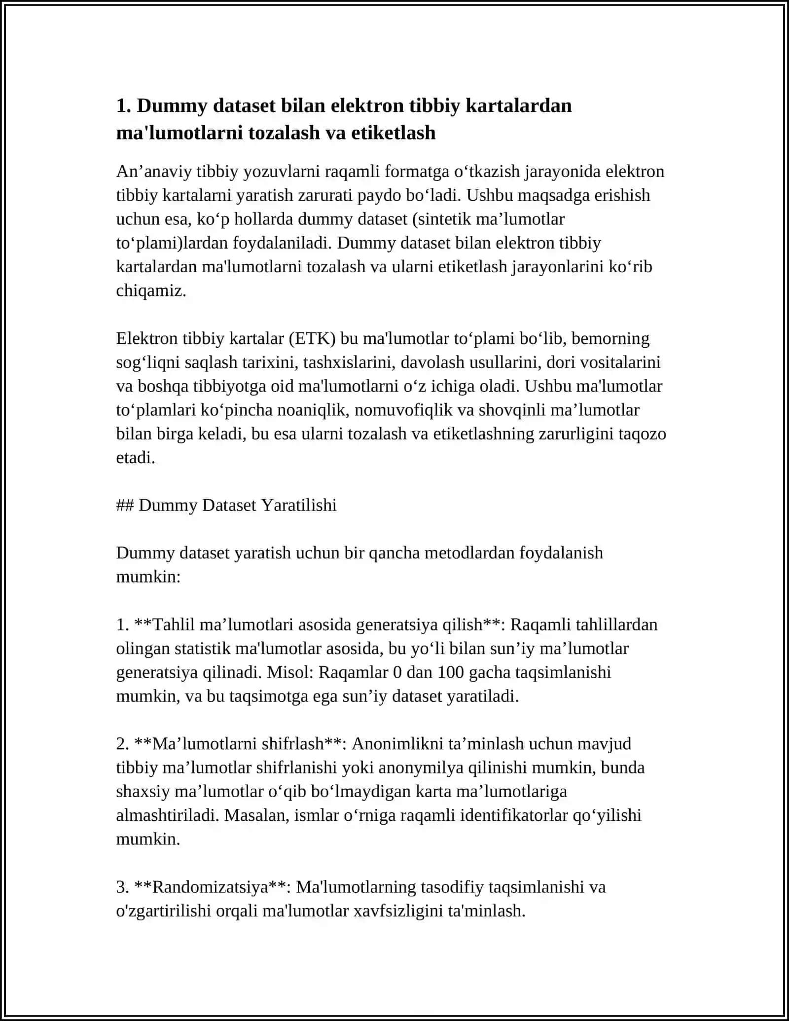 ELEKTRON TIBBIY KARTALARDA MA´LUMOTLARNI TAHLIL QILISH.DUMMY DATASET BILAN ISHLASH 3