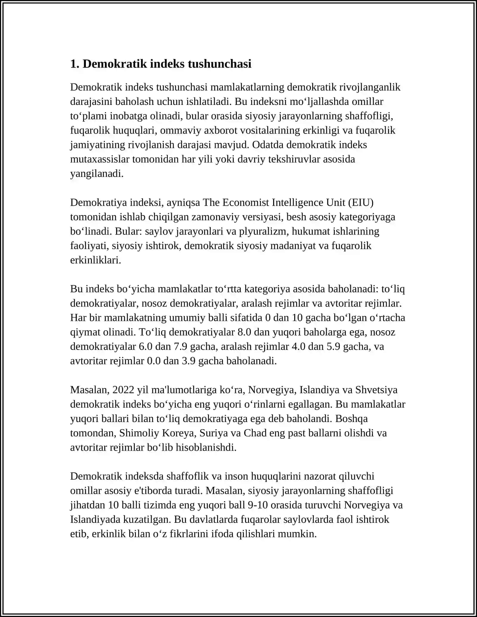 O‘ZBEKISTONNING "JAHON MAMLAKATLARI DEMOKRATIYASI INDEKSI " DA BELGILAGAN O‘RNI 3