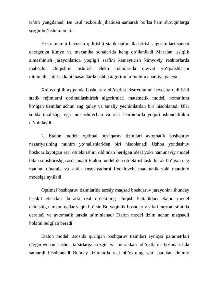 Boshqaruv ob’ektida ektremumni bevosita qidirishli static rejimlarni optimallashtirish algoritimlari 3