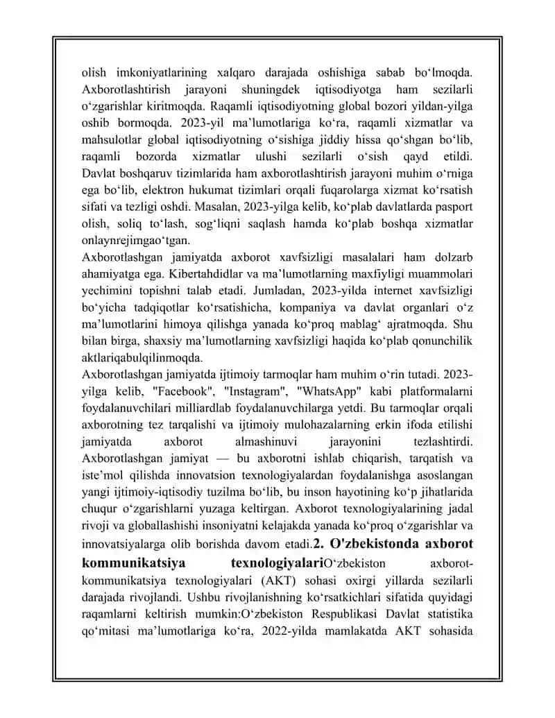 O'ZBEKISTONDA AXBOROTLASHGAN JAMIYATNING XUSUSIYATLARI VA VIRTUALLASHTIRISH JARAYONLARI 3