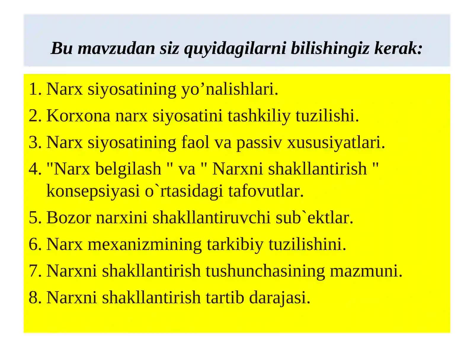 Narx mexanizmi va narxni shakllantirish tartib darajasi 3