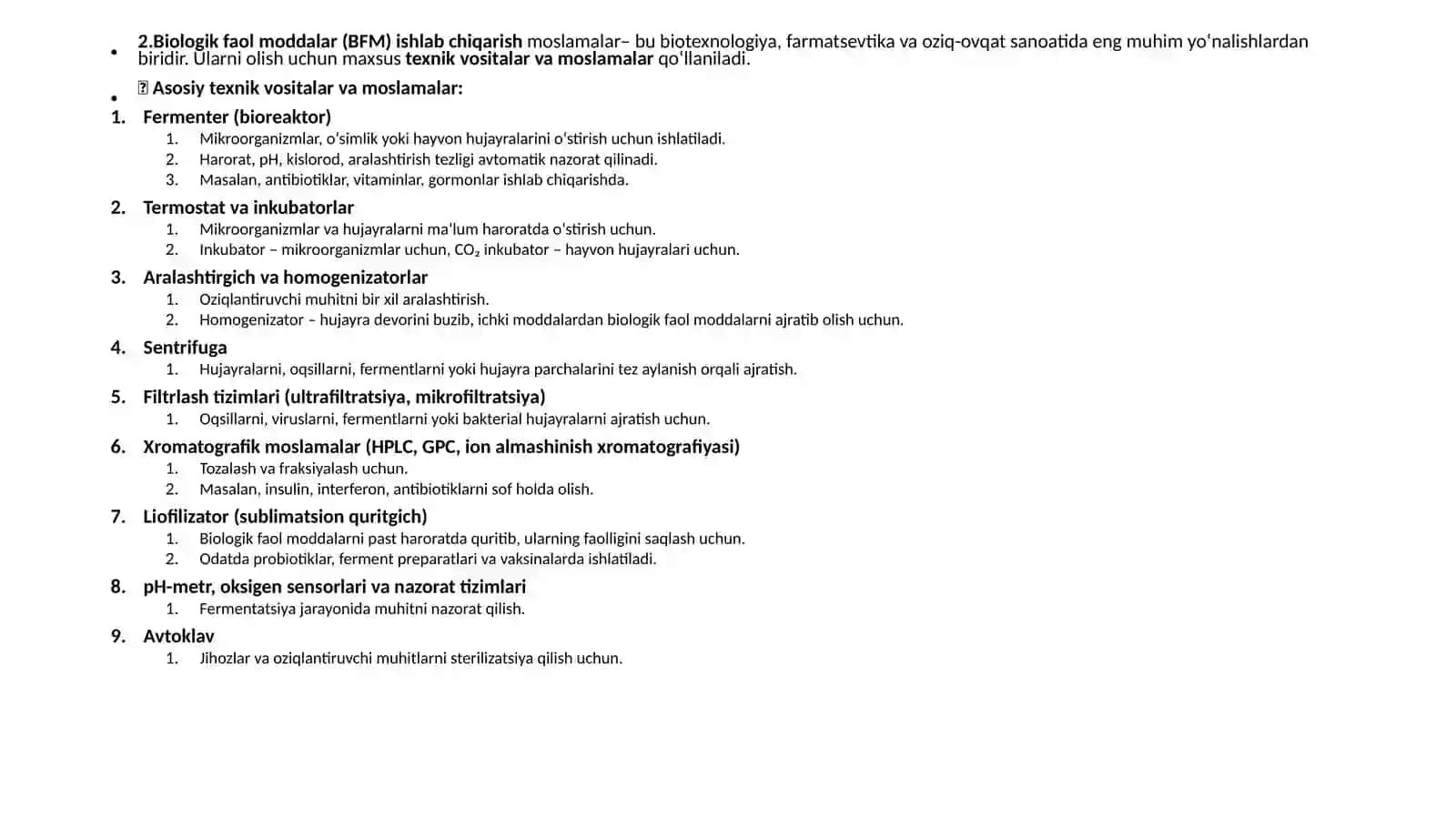 Biologik faol moddalar ishlab chiqarish uchun texnik vositalar va moslamalar 3