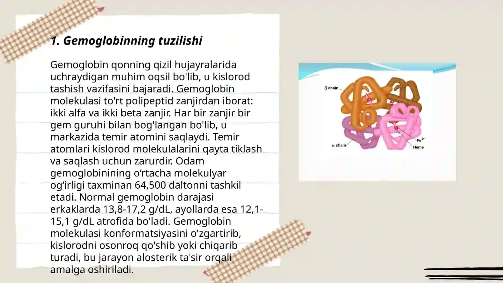 Gemoglobning tuzilishi va u yordamida kislorod tashish mexanizmi 3