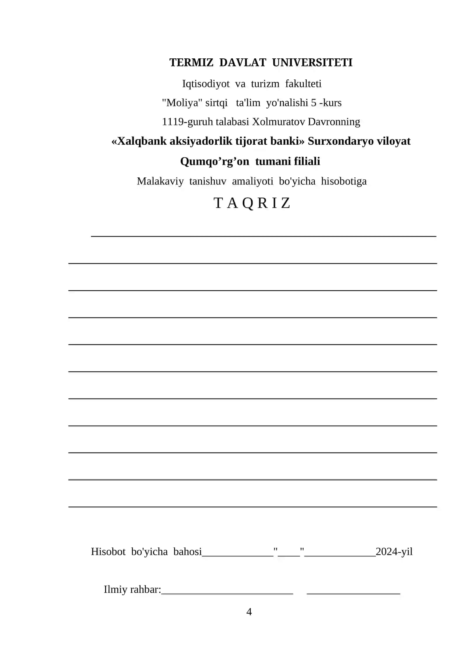 Moliya Sirtqi Ta'lim Yo'nalishi Malakaviy Hisoboti 3
