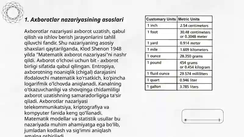 Axborotlar nazariyasi, aaxborot turlari, xususiyatlari va o'lchov birliklari 3