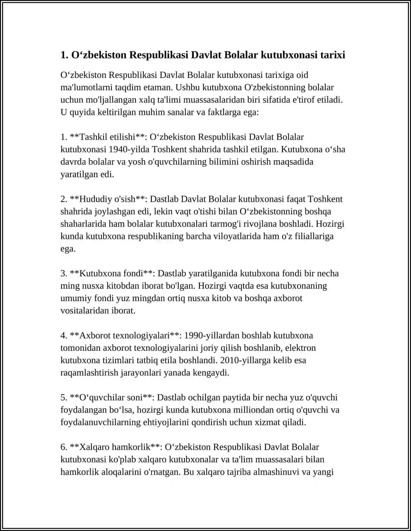 Oʻzbekiston Respublikasi Davlat Bolalar kutubxonasi faoliyati 3