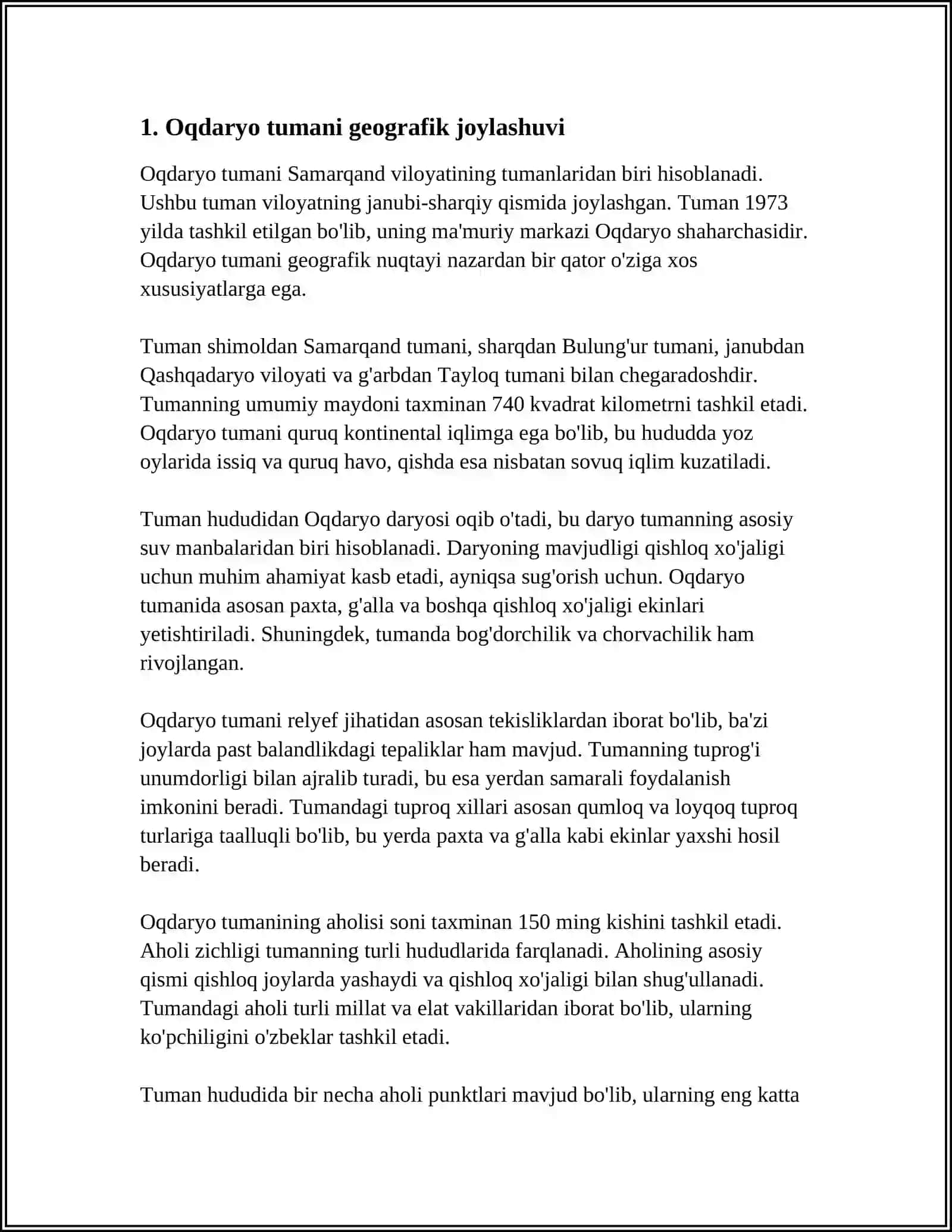 OQDARYO TUMANI GEOGRAFIK ÖRNI AHOLISI, XO'JALIGI HAQIDA 3