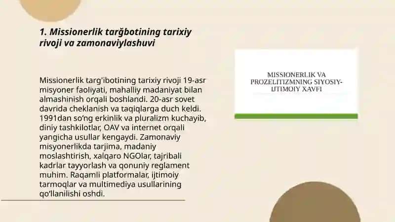 Missionerlik Tarğbotida Uslub Va Vositalarning Zamonaviylashuvi Mavzusida Prerzentatsiya Tayyorlash Va Badiiy Asar O'qish 3