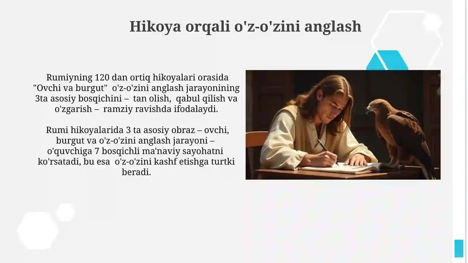 J.Rumiyning ovchi va lochin rivoyatining mohiyati va tarbiyaviy ahamiyati (ichindadir)asariasosida 3