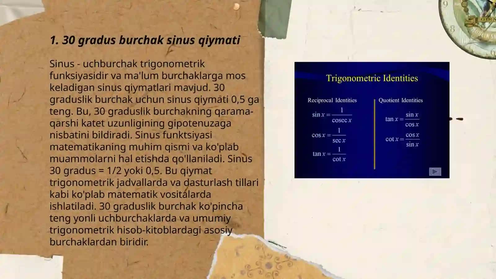 30, 45 va 60 gradusli burchak sinusitis, kosinusi, tangensi va kotangensi 3