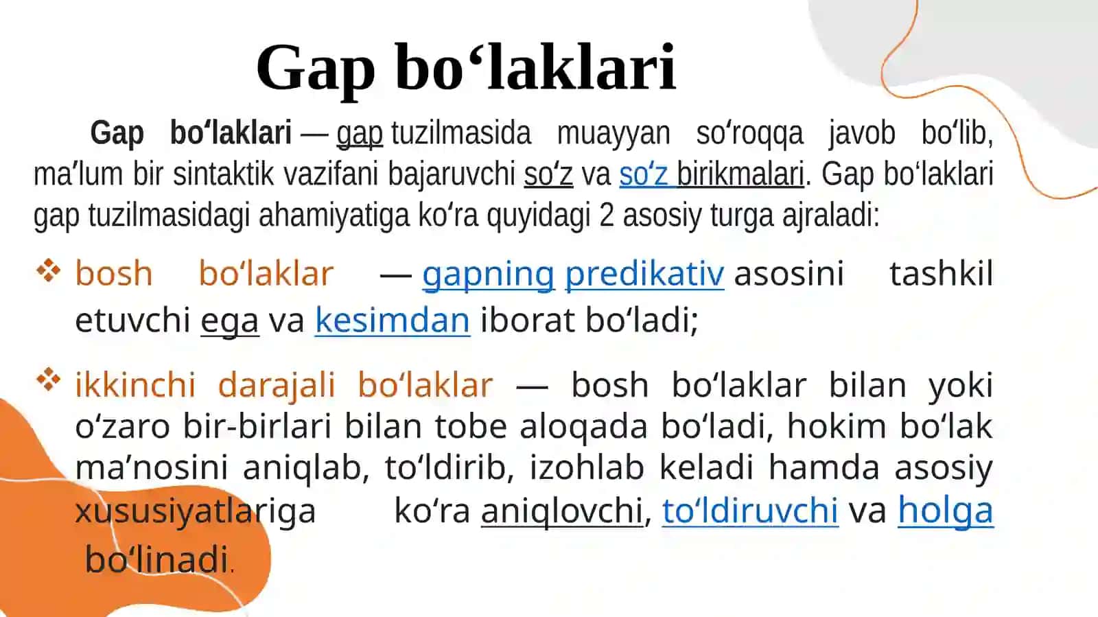 Sodda gapning ta’rifi va tasnifi. Zarur bo‘laklarning ishtirokiga ko‘ra sodda gap turlari. Qo‘shma gapning ta’rifi va tasnifi 3