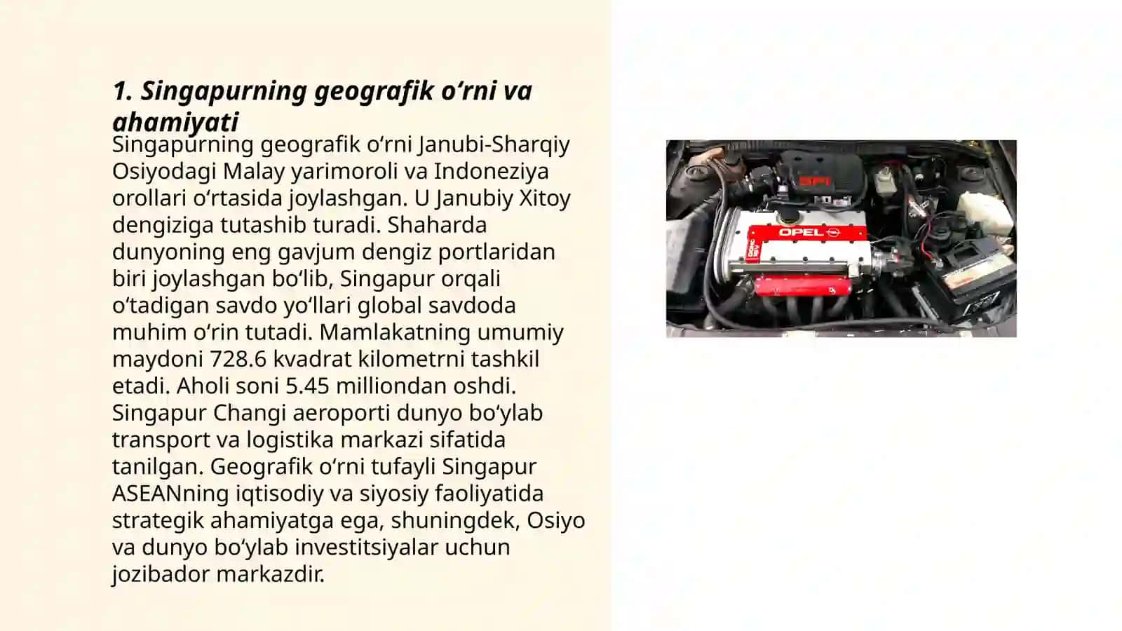 Singapurning geografik oʻrni, tabiiy sharoiti va tabiiy resurslari.Singapurning sanoati, savdo, xizmat koʻrsatish, qishloq xoʻjaligi 3