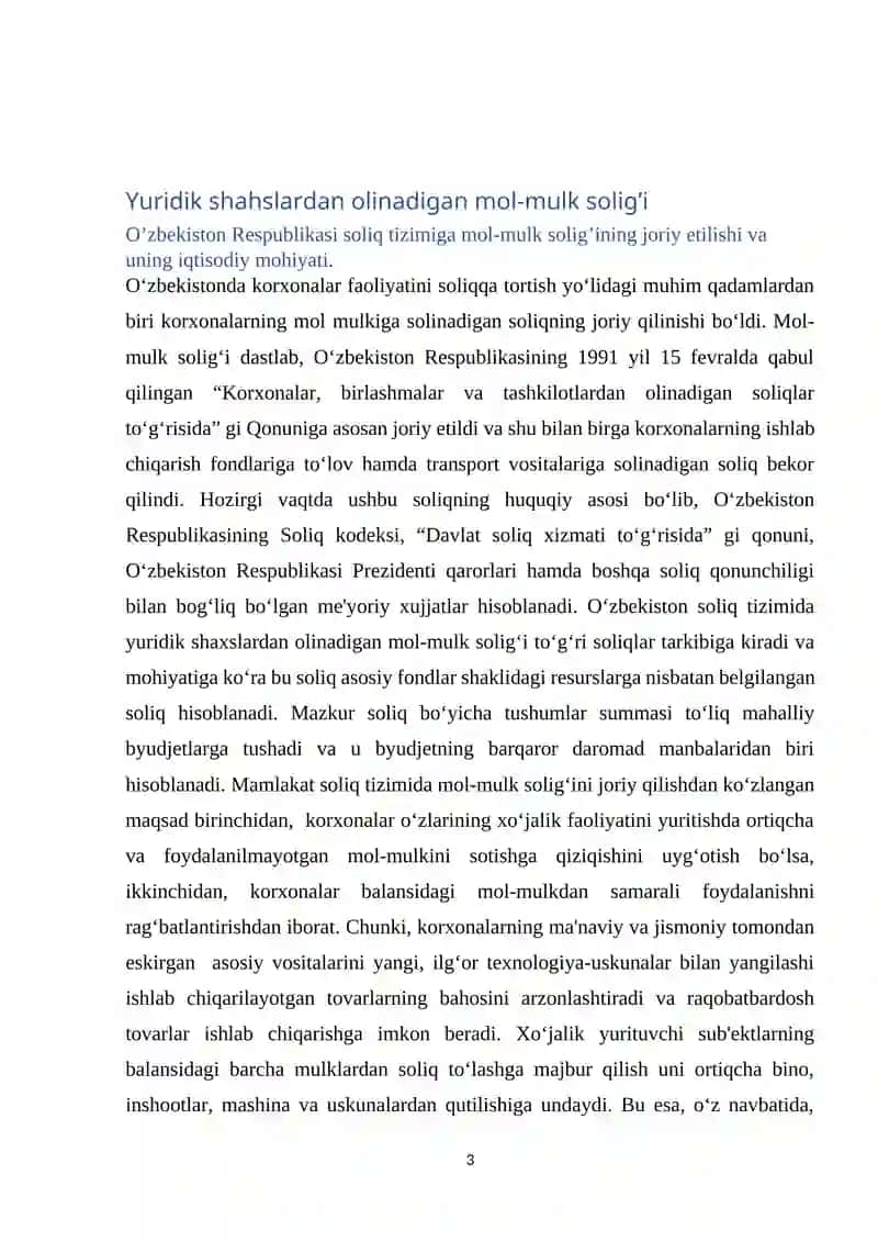 Mol mulk va mulkiy daromadlarga soliq solish .Tadbirkorlik subʼektlarini soliqqa tortish  mexanizmi. 3