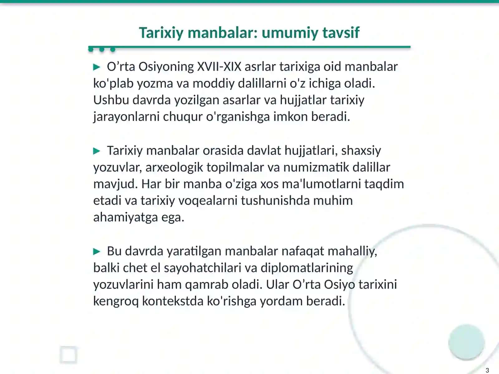 O’rta Osiyoning XVII-XIX asrlar tarixiga oid manbalar 3