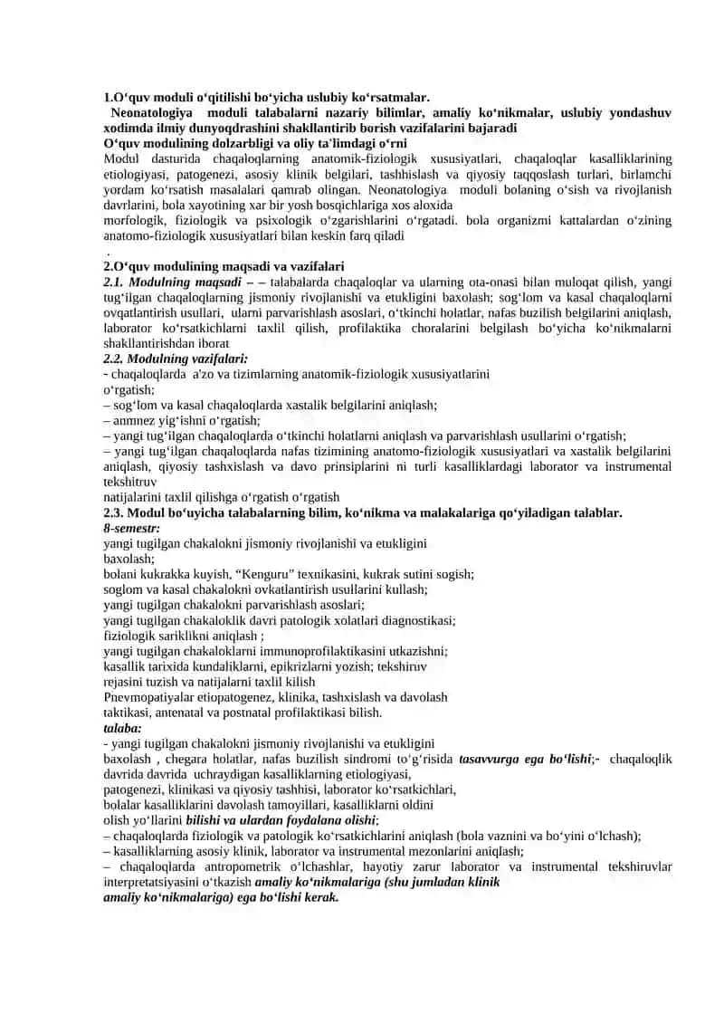 NEONATOLOGIYA MODULINING ISHCHI O‘QUV DASTUR 3