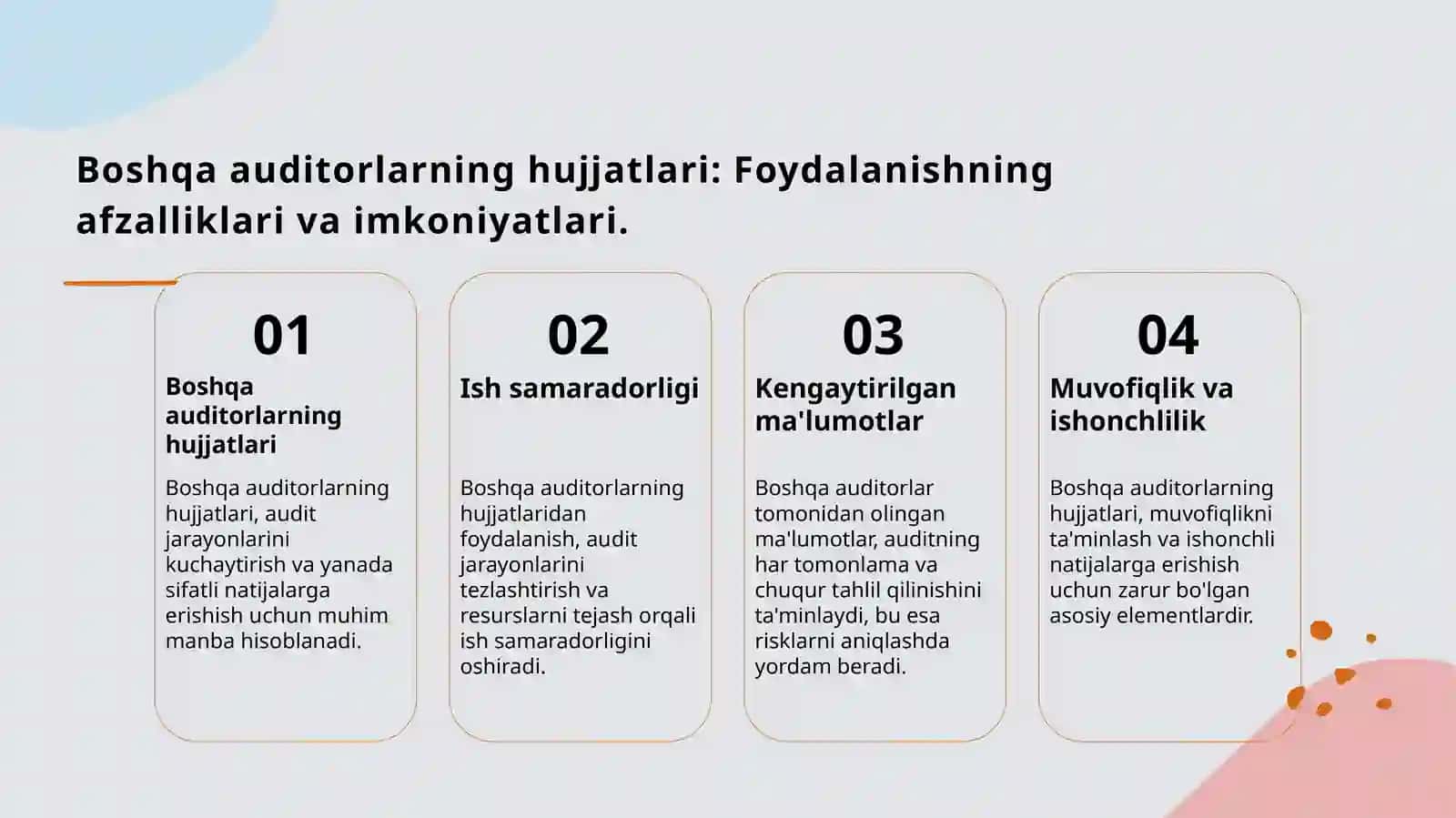 Boshqa auditorlarning ish hujjatlarining ishi natijalaridan foydalanish 3