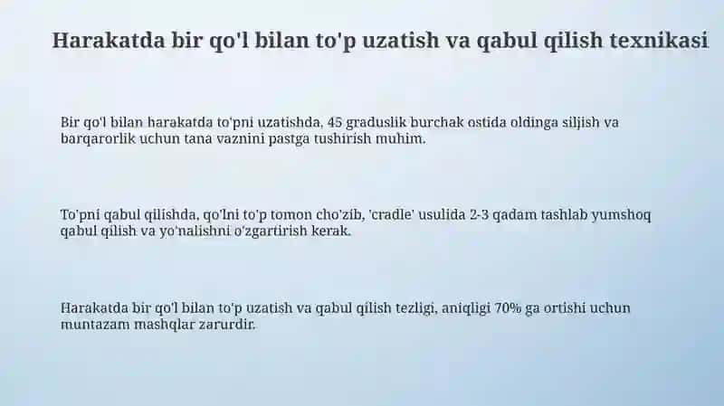 Harakatda bir qo'l bilan to'pni uzatish va qabul qilish texnikasi 3
