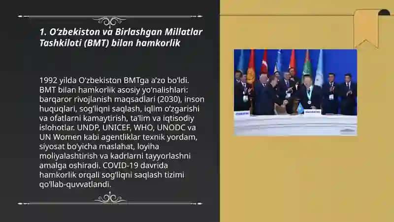 Oʻzbekistonning xalqaro tashkilotlar bilan hamkorlik aloqalari 3
