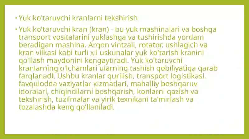 Yuk ko‘tarish kranlarini xavfsiz ishlashi uchun texnik tekshiruv va sinovdan 	o‘tkazish 3