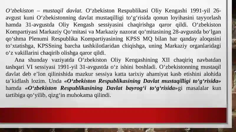 Taqdimot: Mustaqil O‘zbеkiston Rеspublikasining tashkiltopishi va uning tarixiy ahamiyati. O‘zbekistonning o‘zigaxos istiqlol va taraqqiyot yo‘li 3