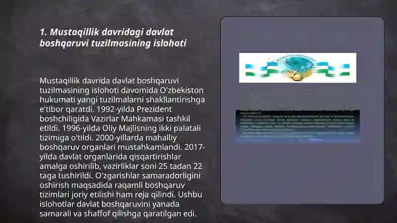 Mustaqillik yillarida davlat boshqaruvi tizimida amalga oshirilgan islohotlar 3