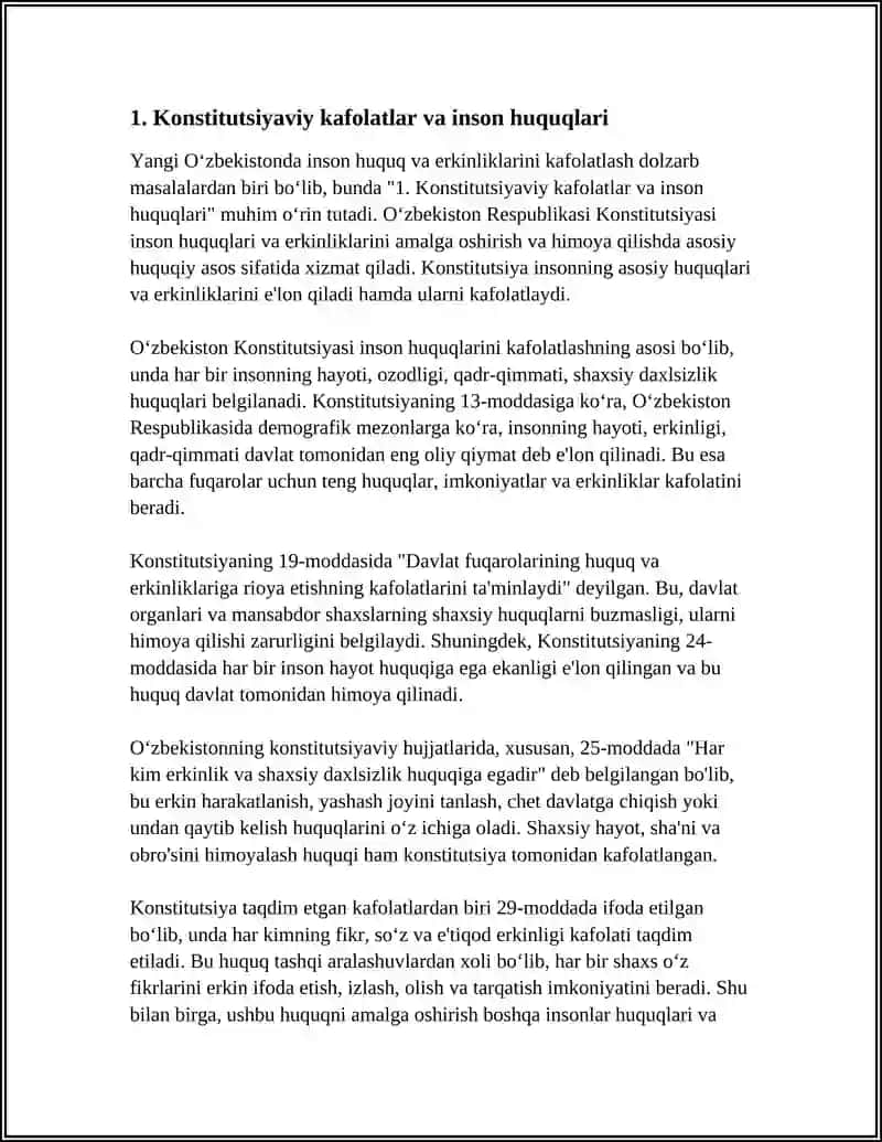 MUSTAQIL ISH Mavzu: YANGI OʻZBEKISTONDA INSON HAQ-HUQUQLARI VA ERKINLIKLARI KAFOLATINING YARATILISHI 3