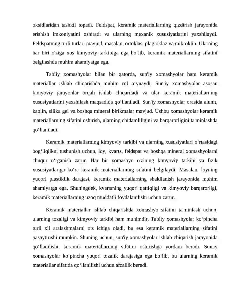 Keramik materiallar uchun xomashyo kimyoviy tarkibi 3