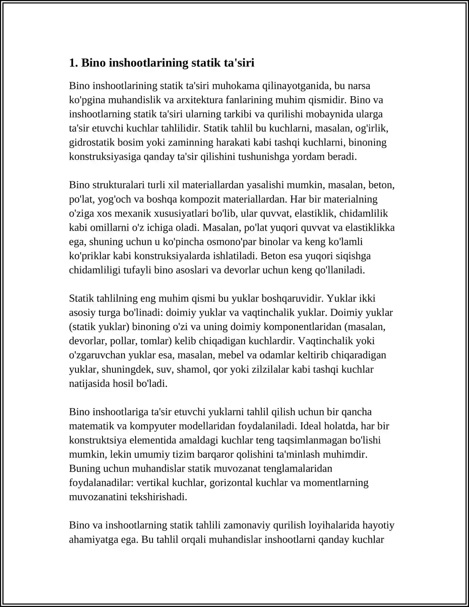 MUSTAQIL ISH Mavzu: BINO INSHOOTLARINING YERGA KO’RSATADIGAN TA’SIR KUCHLARI 3