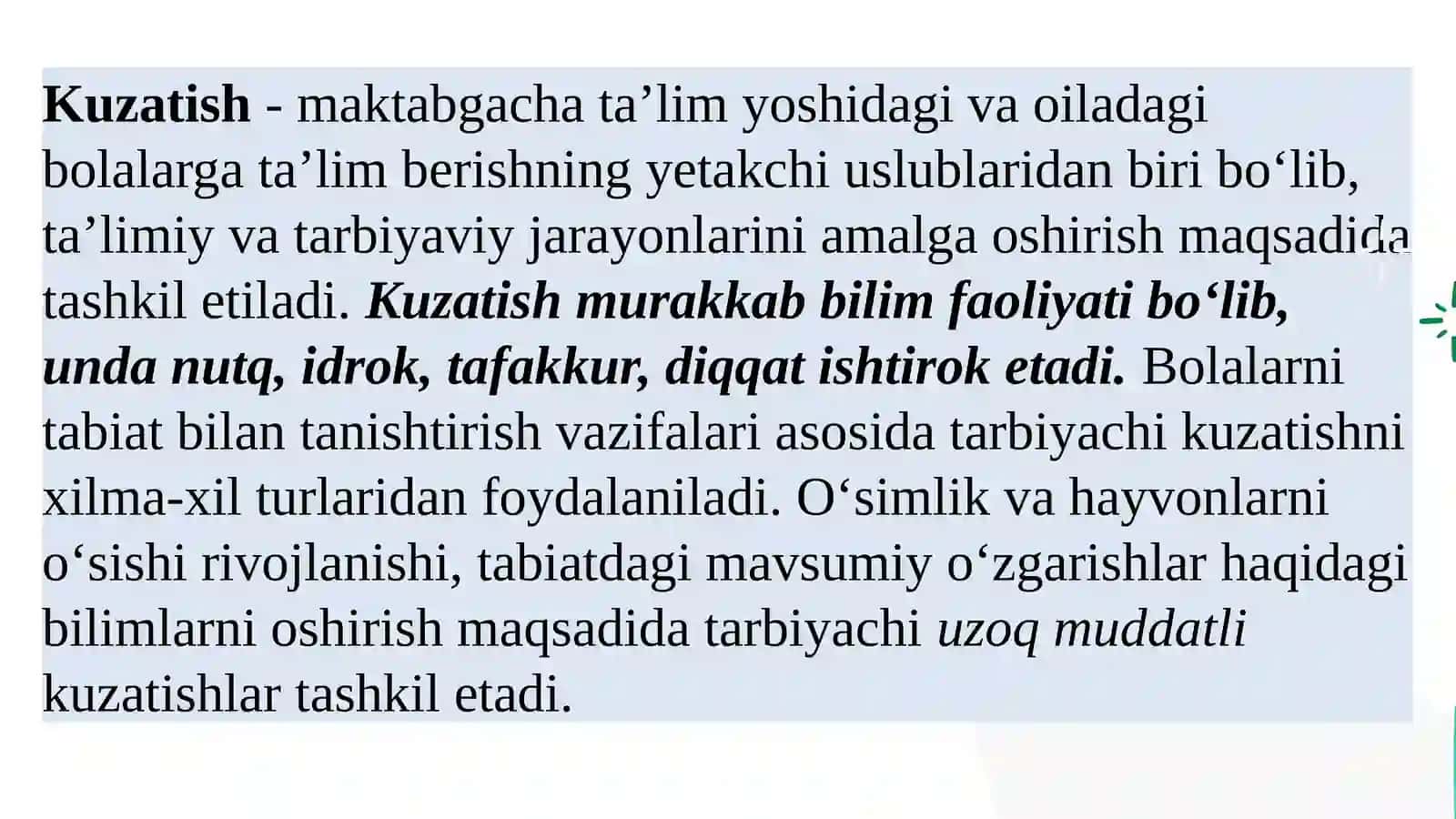 Kuzatish va uning turlari. Turliguruhlardakuzatishlarni tashkiletish va rahbarlik qilish. Yil fasllariga umumiy tavsifnoma 3