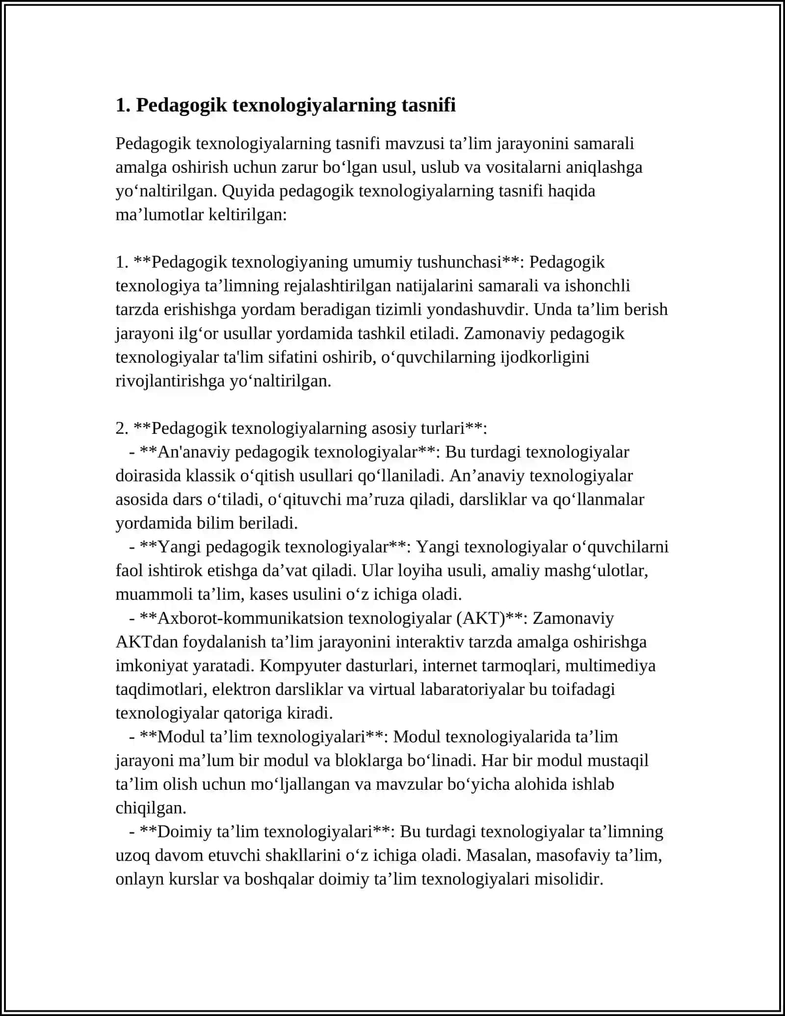 MUSTAQIL ISH Mavzu: PEDAGOGIKTEXNOLOGIYALARNI KLASSIFIKATSIYASI 3