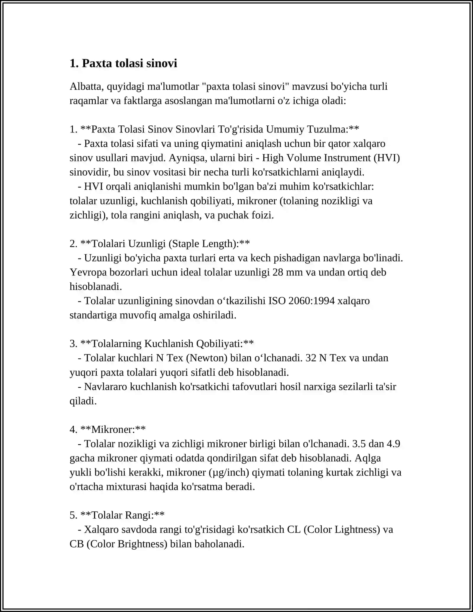 Paxta to'lasi va IPning sifatini belgilovchi standartlar 3
