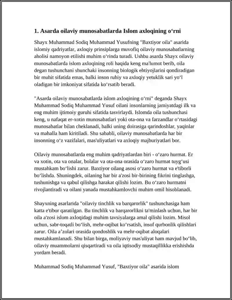 SHAYX MUXAMMAD SODIQ MUXAMMAD YUSUFNING BAXTIYOR OILA ASARIDA ISLOM QADRIYATNING OʻRNI 3
