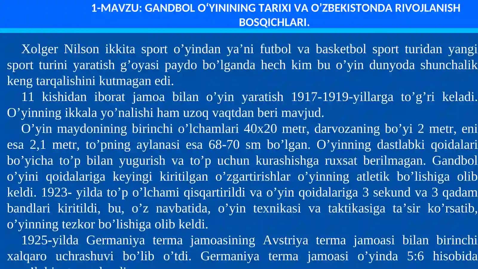 GANDBOL O‘YININING TARIXI VA O’ZBEKISTONDA RIVOJLANISH BOSQICHLARI 3