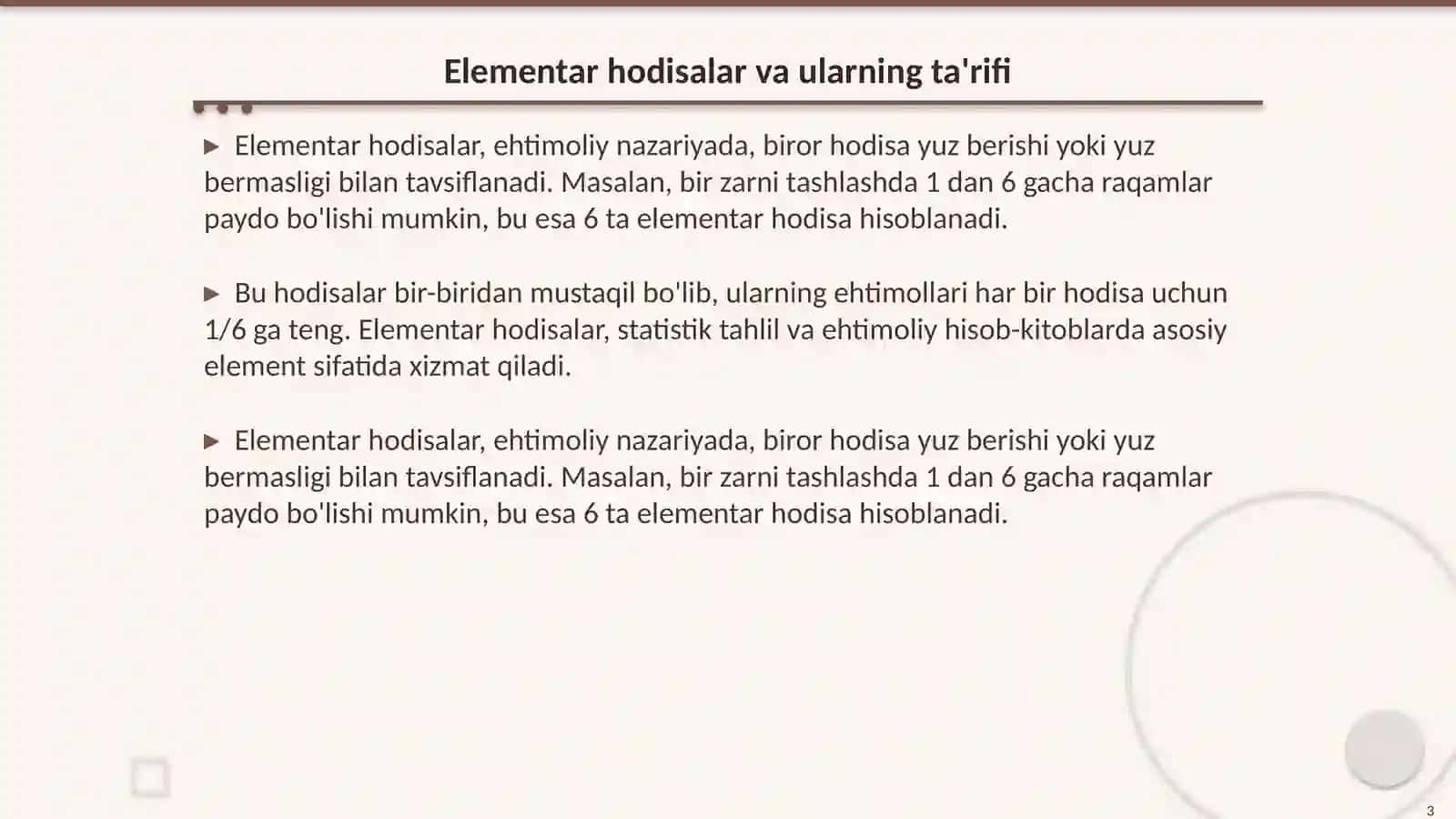 Elementar hodisalar fazosi. Tasodifiy hodisalar ustida amallar 3