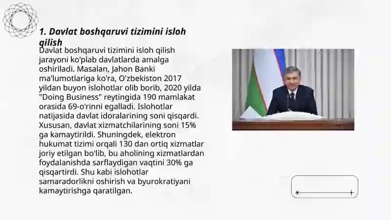 Yangi Oʻzbekistonda Prezident Sh. M.Mirziyoyev rahbarligi va tashabbusi ostida amalga oshirilayotgan islohotlar 3