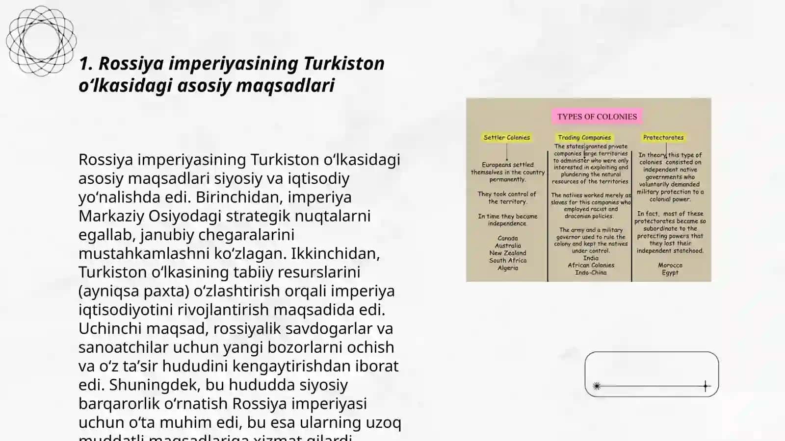 Rossiya imperiyasning Turkiston oʻlkasidagi mustamlaka mamuriy boshqaruv tizimi va mustamlakachilik 3