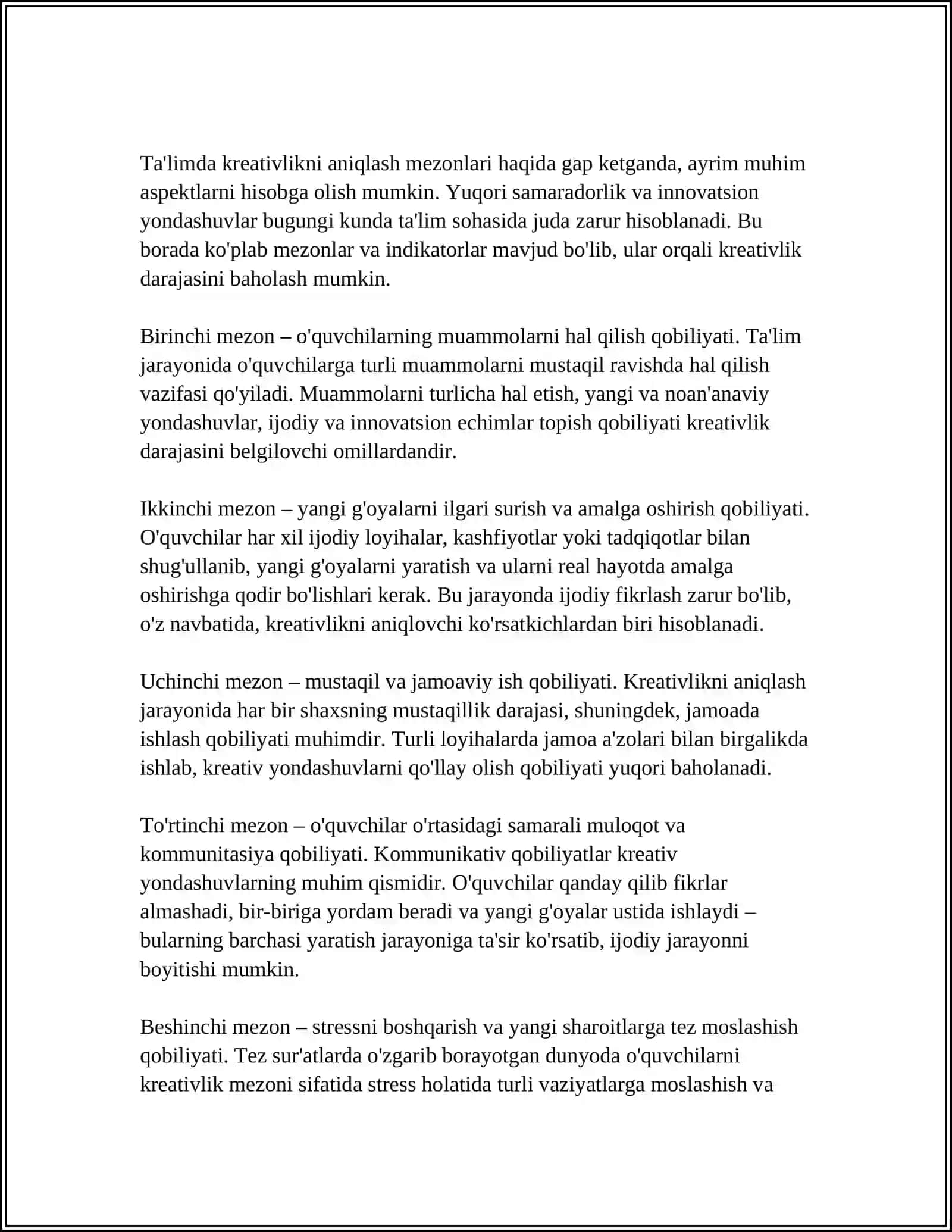 PEDAGOGLAR KREATIVLIK IMKONIYATLARINING DARAJASINI ANIQLOVCHI MEZONLAR 3