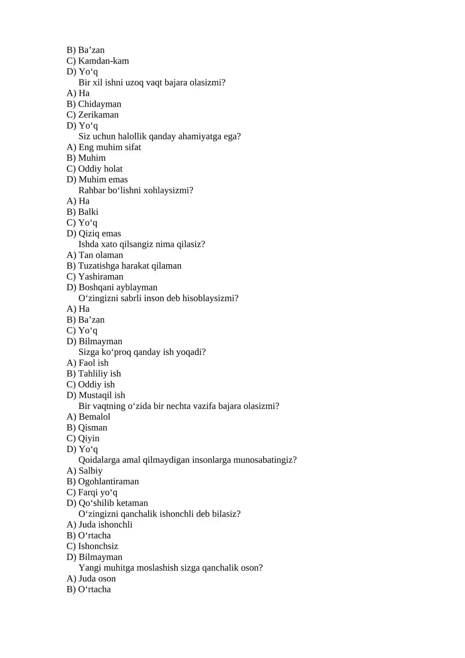 Bojxona psixologik test savollari 3