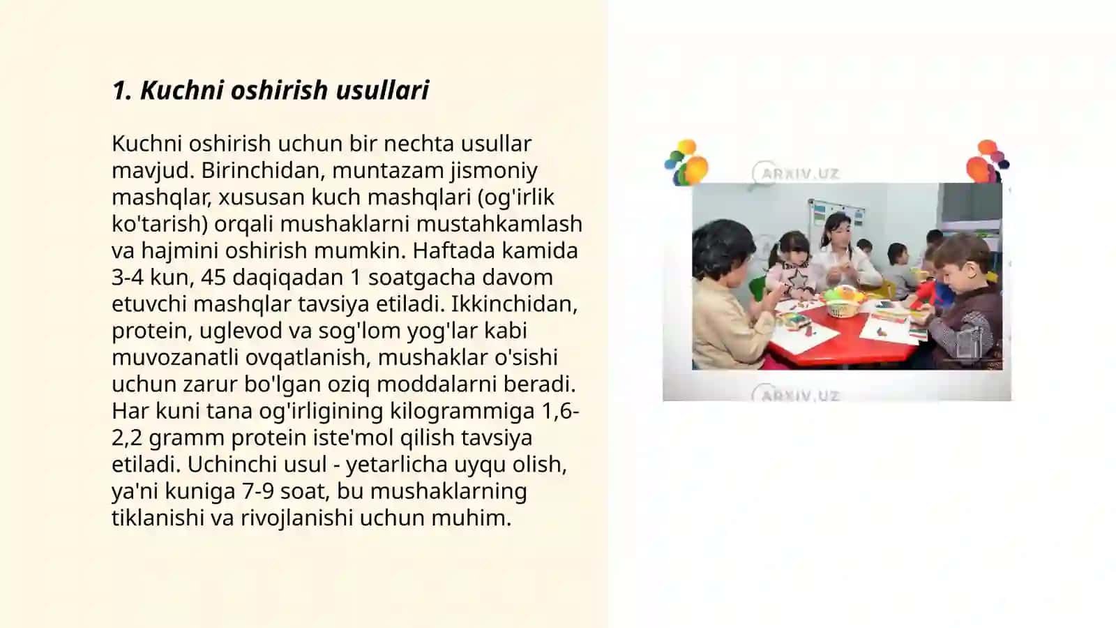 Jismoniy sifatlarni (kuch, tezkorlik, chaqqonlik, egiluvchanlik, chidamlilik) tarbiyalash 3