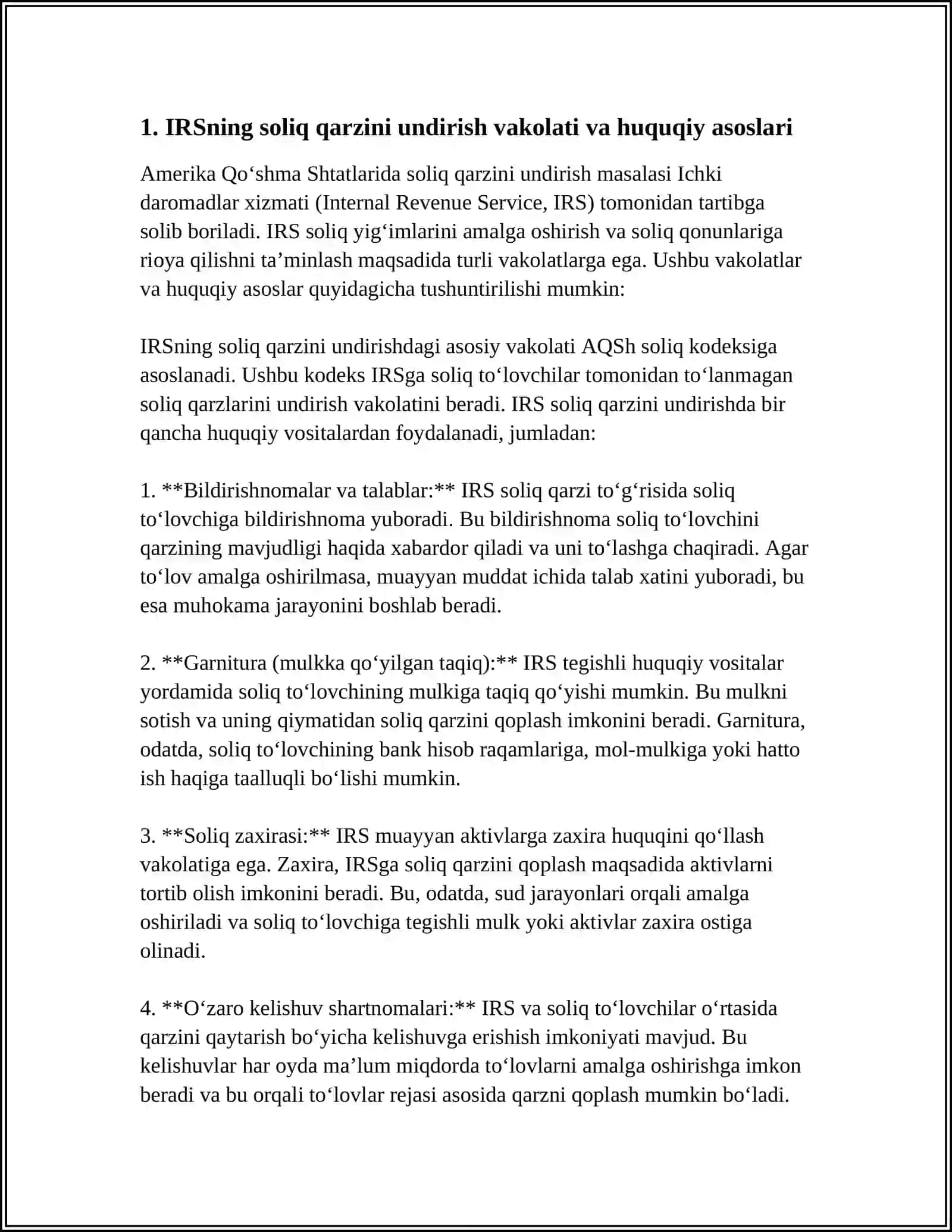 AMERIKA QO‘SHMA SHTATLARIDA SOLIQ QARZINI UNDIRISH TARTIBI 3