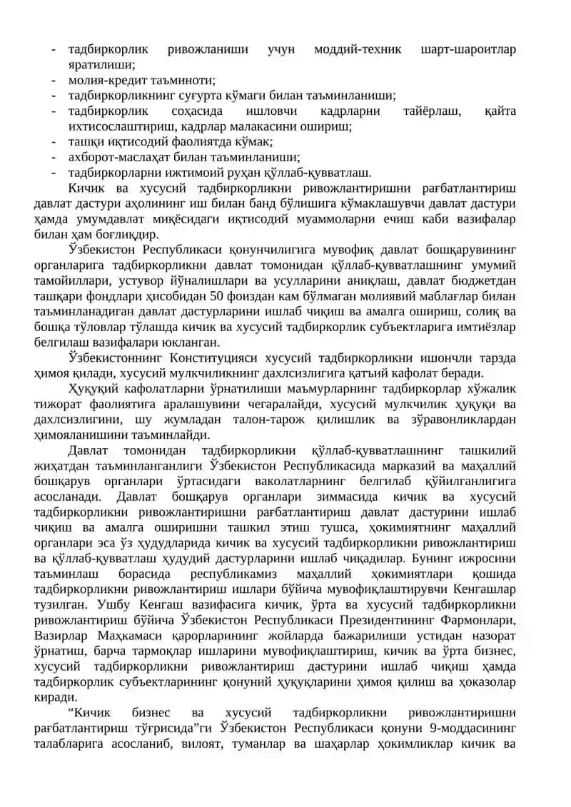 Кичик бизнес ва хусусий тадбиркорлик фаолиятини давлат томонидан қўллаб-қувватлаш ҳамда иқтисодий рағбатлантириш йўналишлари 3