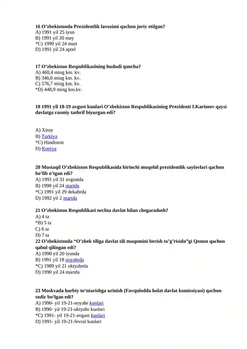 O‘ZBEKISTONNING ENG YANGI TARIXI FANIDAN yakuniy nazorat test savollari 3