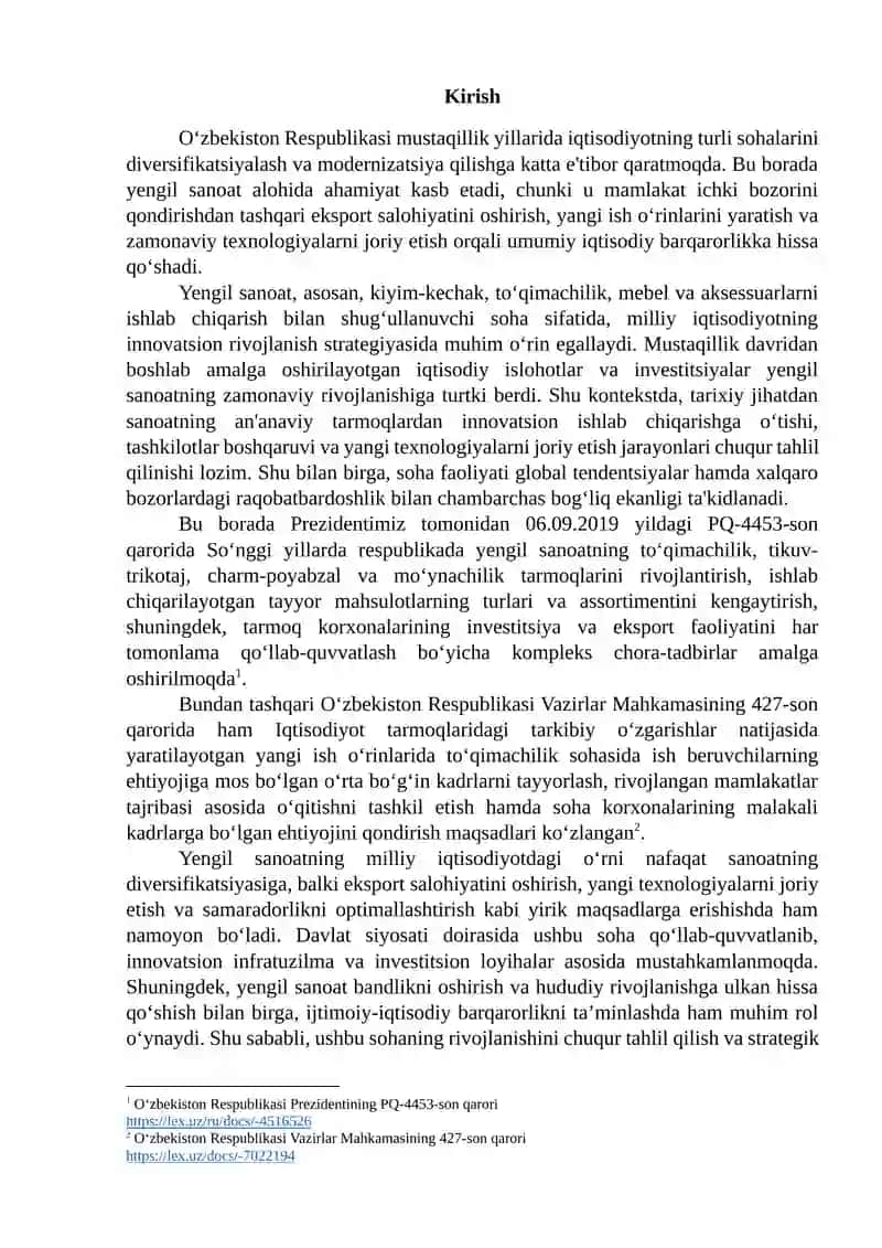 “O‘zbekiston Respublikasida yengil sanoatni rivojlantirish yo‘nalishlari” mavzusida ilmiy ish 3